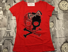 Червена дамска тениска с щампа череп -20213