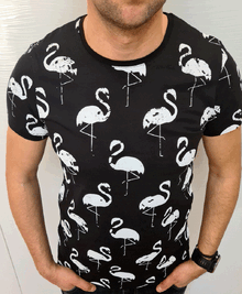 Мъжка тениска в черно с бяло фламинго